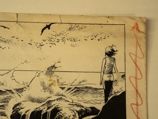 Vignetta in bianco e nero raffigurante una figura umana in piedi su uno scoglio, rivolta verso il mare agitato. Un’onda si infrange sulle rocce in primo piano, mentre in cielo volano diversi uccelli. Il foglio mostra segni di usura e una traccia rossa sul lato destro. Si tratta di un'opera di Franco Caprioli, intitolata l’Isola giovedì, pag.49.