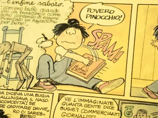 Copia originale di Leggere Pinocchio, di Grazia Nidasio 1981. Tavola colorata sul retro. Le tavole in epoca predigitale (ad oggi non si fa così) venivano colorate o direttamente sul disegno oppure sul retro per non intaccare l'inchiostro del disegno sul fronte.