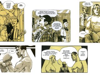 Una composizione di cinque vignette tratte dalla graphic novel "Carnera" di Davide Toffolo. Le illustrazioni sono realizzate in uno stile bianco e nero con sfumature di grigio e un tono giallastro vintage. Vignetta 1 (in alto a sinistra): Un uomo magro in abito formale presenta con enfasi un Primo Carnera imponente e muscoloso, che flette i bicipiti. Il testo annuncia: "Signori... ecco a voi il futuro campione mondiale dei pesi massimi... Primo Carnera!". Vignetta 2 (in alto al centro): Un uomo dal profilo caricaturale parla con un interlocutore del bisogno di una "nuova attrazione" per il suo circo, riferendosi a un "gigante". Vignetta 3 (in alto a destra): Carnera è seduto al suo angolo sul ring, con i guantoni indossati. Dietro di lui, alcuni spettatori commentano la sua stazza eccezionale con stupore. Vignetta 4 (in basso a sinistra): Un primo piano di Carnera di profilo, con i guantoni alzati in posizione di guardia. L'arbitro fuori campo esclama: "Fuori i secondi. Boxe!". Vignetta 5 (in basso al centro): L'arbitro, al centro tra Carnera e il suo avversario, impartisce le ultime istruzioni prima del match: "Voglio vedervi combattere lealmente... tornate al vostro angolo".