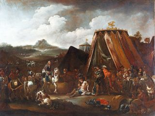 Un dipinto barocco che raffigura una scena militare in un accampamento, ambientata durante la battaglia di Vienna del 1683. Al centro della composizione, un uomo ferito o morente, a torso nudo, è sorretto da alcuni compagni davanti a una grande tenda da campo lussuosa, sormontata da un'aquila dorata. Sulla sinistra, un cavaliere su un cavallo bianco osserva la scena, circondato da altri soldati a cavallo e a piedi in armature d'epoca. Sullo sfondo si estende un paesaggio collinare sotto un cielo nuvoloso e drammatico, dove si intravedono altri reparti dell'esercito in movimento. In primo piano a destra, giacciono a terra elmi, armature e altri equipaggiamenti militari, sottolineando il contesto di battaglia. L'uso di forti contrasti di luce enfatizza la drammaticità del momento.
