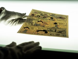 Il caveau si trova al piano interrato di Galleria Pizzinato. E' compostao da due stanze dedicate alla conservazione. Due stanze, una di consultazione e la seconda di conservazione. Entrambe con temperatura (16 gradi costanti) e umidità relativa controllate. Si tratta di sale in cui vengono conservate tavole, oggetti e riviste storiche dedicate al fumetto. L'immagine ritrae una mano che indossa un guanto protettivo bianco sorregge una tavola di fumetto a colori sopra un tavolo luminoso (light box). Lo sfondo è fortemente illuminato dalla luce bianca del piano di lavoro, lasciando in ombra le mani dell'operatore. L'inquadratura è ravvicinata e mette a fuoco il documento cartaceo, suggerendo un contesto di archiviazione, restauro o studio di materiali storici.