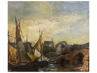 Un dipinto a olio su tela che raffigura una veduta portuale urbana con pennellate materiche e decise. In primo piano a sinistra, sono raggruppate alcune imbarcazioni a vela con scafi scuri e vele nei toni del giallo ocra e del marrone bruciato. Sulla destra, un ponte in pietra con un'arcata visibile attraversa il corso d'acqua. Sullo sfondo si staglia il profilo di edifici cittadini e architetture che suggeriscono un'ambientazione storica, resi con tonalità terrose e grigie. Il cielo occupa la metà superiore del quadro, dipinto con strati spessi di bianco, azzurro pallido e tocchi di giallo che evocano una luce diurna diffusa o un crepuscolo nebbioso. Lo stile è impressionista, con un forte accento sulla consistenza della vernice e sul gioco di luci e ombre. In basso a destra, fuori dal bordo del dipinto, appare il numero "81" in carattere moderno di colore azzurro.