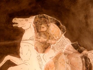 Primo piano di un dettaglio di affresco che raffigura un'Amazzone a cavallo. Un frammento di intonaco antico originale mostra il volto e il busto di una figura femminile, mentre la sagoma del cavallo bianco rampante e il resto della figura sono completati da un disegno lineare moderno su fondo scuro. L'Amazzone sembra impugnare una lancia o un giavellotto.