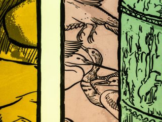 Dettaglio della tavola Quasi Fumetto di Davide Toffolo. L'inquadratura ravvicinata riprende dettagli di diverse parti del quadro, decontestualizzandone il significato e l'interpretazione. I colori sono accesi e vanno dall'ocra, al cipria al verde.