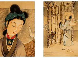 Due illustrazioni affiancate in stile artistico dell'Asia orientale. A sinistra, un primo piano della Vergine Maria: ha lineamenti delicati, occhi socchiusi e una raffinata acconciatura nera con un fiocco verde. Una colomba bianca vola verso di lei su uno sfondo con pattern geometrico. A destra, San Giuseppe è raffigurato di spalle mentre cammina nella neve, portando un fardello su un bastone. Indossa una tunica azzurra e un nimbo (aureola) circonda il suo capo mentre guarda verso una staccionata di bambù. Il disegno acquarellato su carta appartiene alla collezione del cardinale friulano Celso Benigno Luigi Costantini (1876-1958), delegato apostolico nel Paese tra il 1922 e il 1933. Entrambe le figure sono caratterizzate da occhi a mandorla, abiti orientali e gli ambienti rimandano alla Cina.