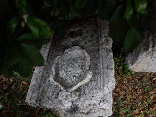 "Un frammento di pietra antica o marmo, parzialmente eroso dal tempo, poggiato a terra tra foglie secche e vegetazione. Al centro dell'elemento lapideo è scolpito in rilievo uno stemma nobiliare di forma allungata, con bordi decorati che terminano in basso con un motivo ornamentale a volute. Il manufatto appare parte di una struttura architettonica più ampia, forse un elemento decorativo o un resto di un edificio storico lasciato all'aperto."