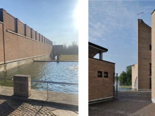Due scatti che mostrano l’architettura esterna del Museo Diocesano di Arte Sacra di Pordenone. A sinistra, un lungo muro in mattoni rossi si riflette in una vasca d'acqua lineare; a destra, uno scorcio del complesso moderno con una torre slanciata sormontata da una croce stilizzata, caratterizzata da linee geometriche pulite e materiali essenziali.