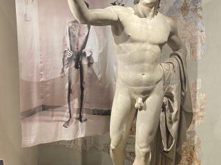 Una statua classica in gesso bianco raffigurante Giasone alla conquista del Vello d'oro di Antonio Marsure. Il giovane guerriero con elmo crestato, è colto in una posa eroica con un braccio sollevato. Sullo sfondo, una stampa di seta della fotografa Olivia Arthur in esposizione temporanea è appeso alla parete e mostra un corpo maschile nudo, creando un dialogo visivo tra la scultura antica e la rappresentazione contemporanea del corpo umano. Le opere si trovano in una sala con pavimenti in legno e pareti con tracce di affreschi.