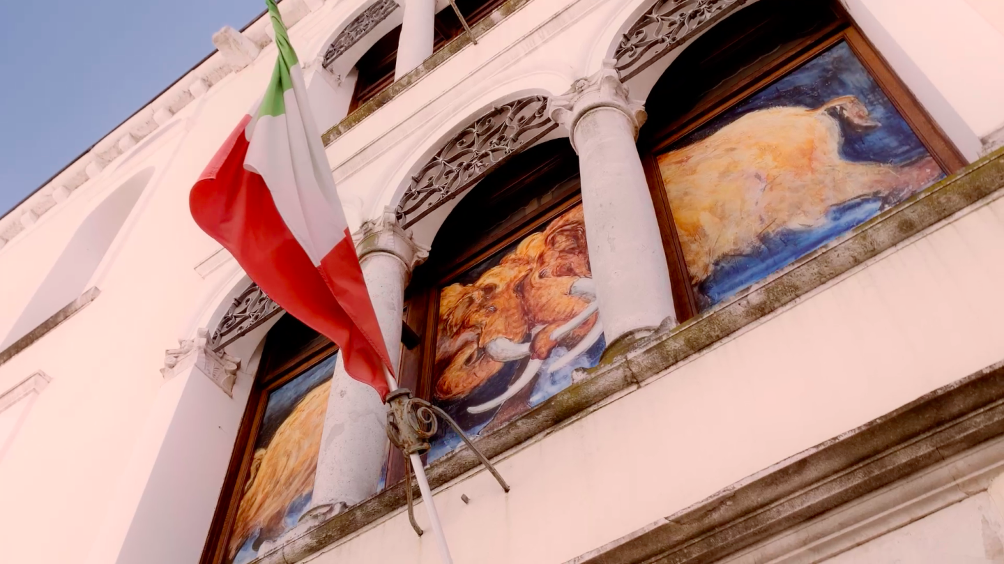 Inquadratura dal basso della facciata esterna principale del Museo di Storia Naturale di Pordenone. In una delle trifore del palazzo è inserito un dipinto che raffigura due mammut duellanti. In primo piano a sinistra, una bandiera italiana sventola da un'asta fissata alla parete bianca dell'edificio storico.